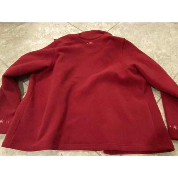LL Bean Women’s Large L Red Snap Red Fleece Cardigan Sweater Snow Flakes NICE - Picture 3 of 4